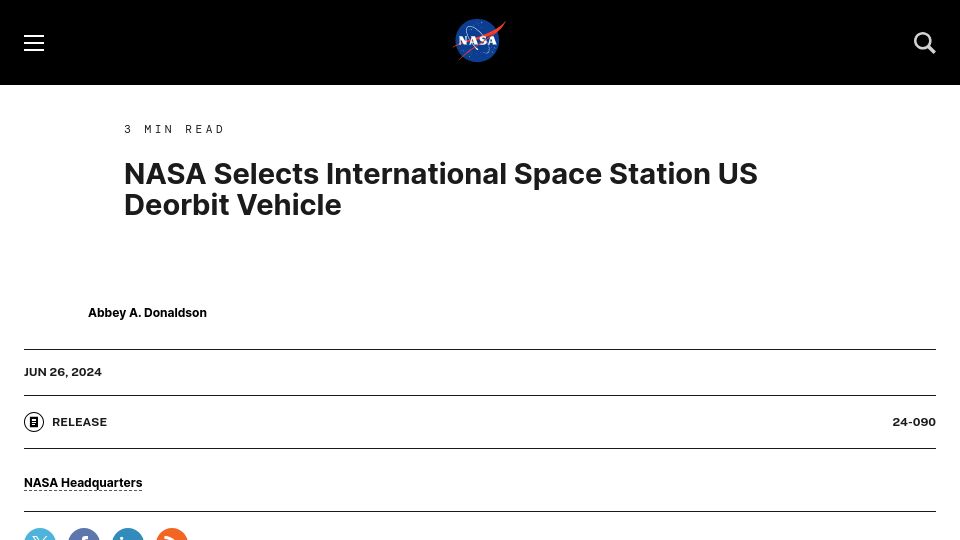 Screenshot of nasa.gov: SpaceX to deliver vehicle to deorbit International Space Station