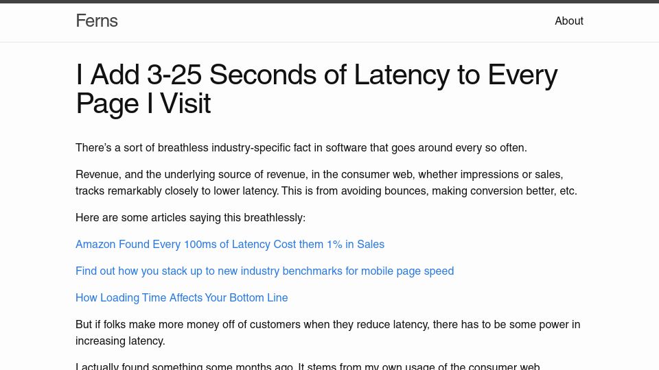 Screenshot of howonlee.github.io: I Add 3-25 Seconds of Latency to Every Page I Visit (2020)