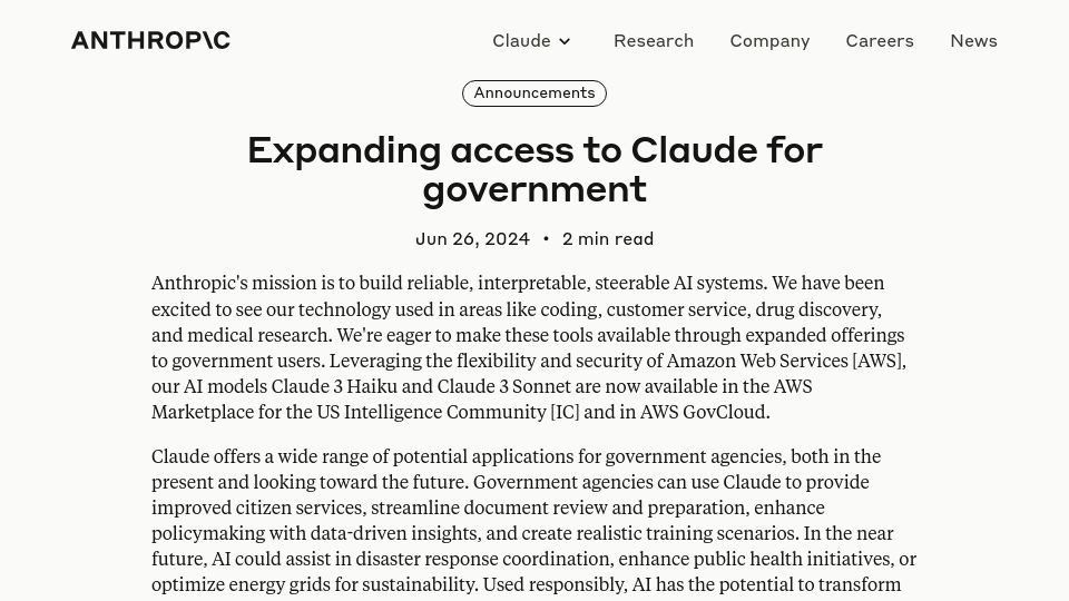 Screenshot of anthropic.com: Anthropic: Expanding Access to Claude for Government