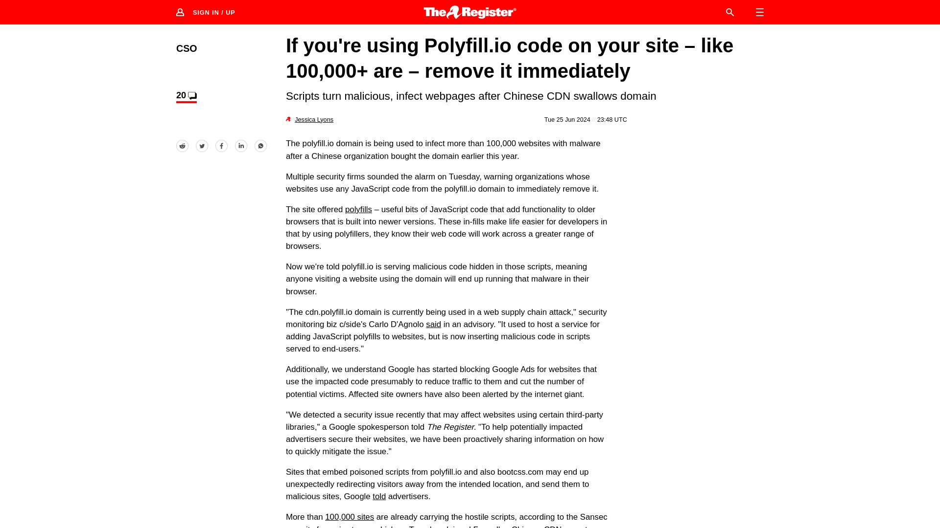 Screenshot of theregister.com: If you're using Polyfill.io code on your site – remove it immediately