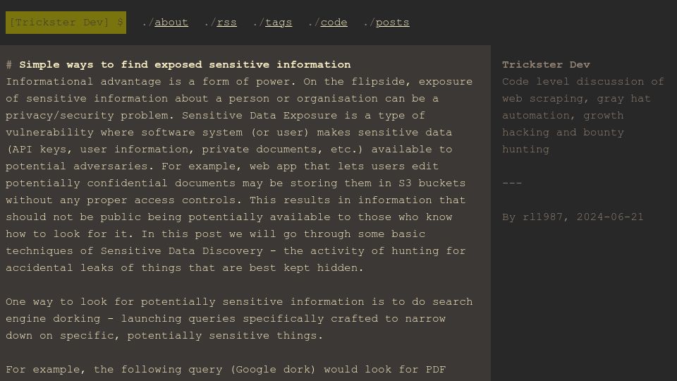 Screenshot of trickster.dev: Simple ways to find exposed sensitive information