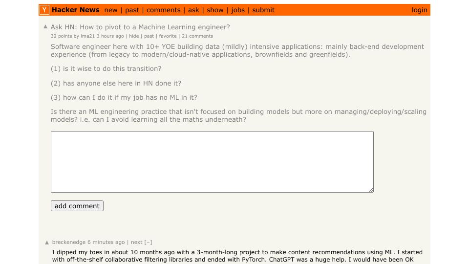 Screenshot of Hacker News post: Ask HN: How to pivot to a Machine Learning engineer?