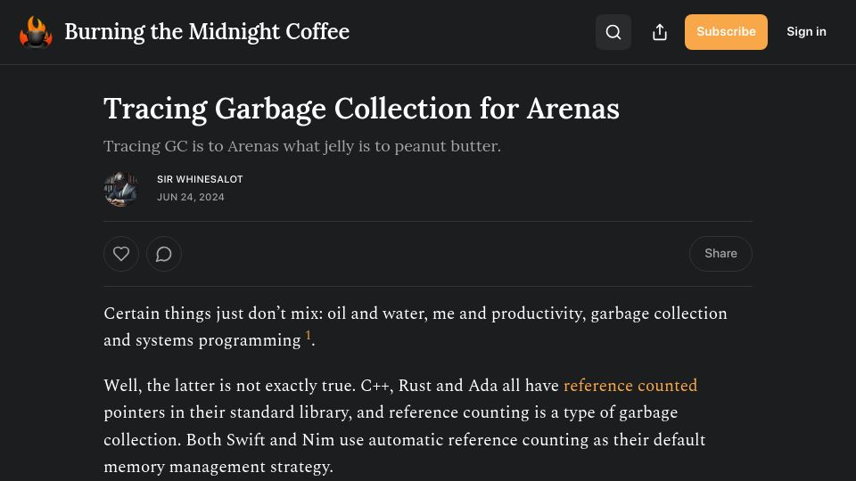 Screenshot of btmc.substack.com: Tracing garbage collection for arenas