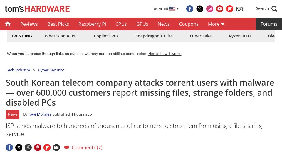 Screenshot of tomshardware.com: South Korean telecom company attacks torrent users with malware
