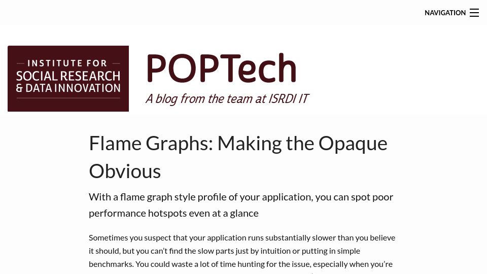 Screenshot of tech.popdata.org: Flame Graphs: Making the opaque obvious (2017)