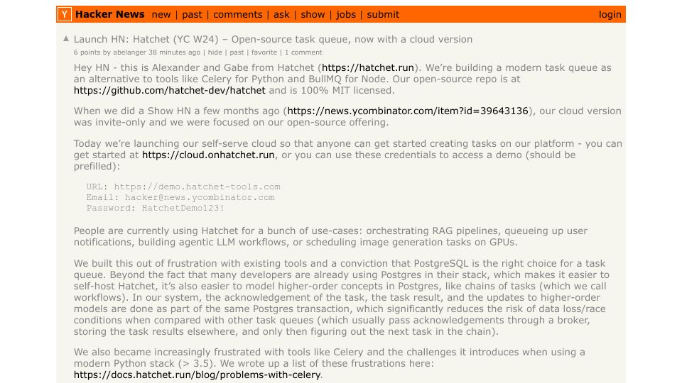 Screenshot of Hacker News post: Launch HN: Hatchet (YC W24) – Open-source task queue, now with a cloud version