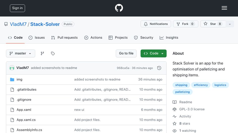 Screenshot of github.com: Show HN: A Modern Palletization App