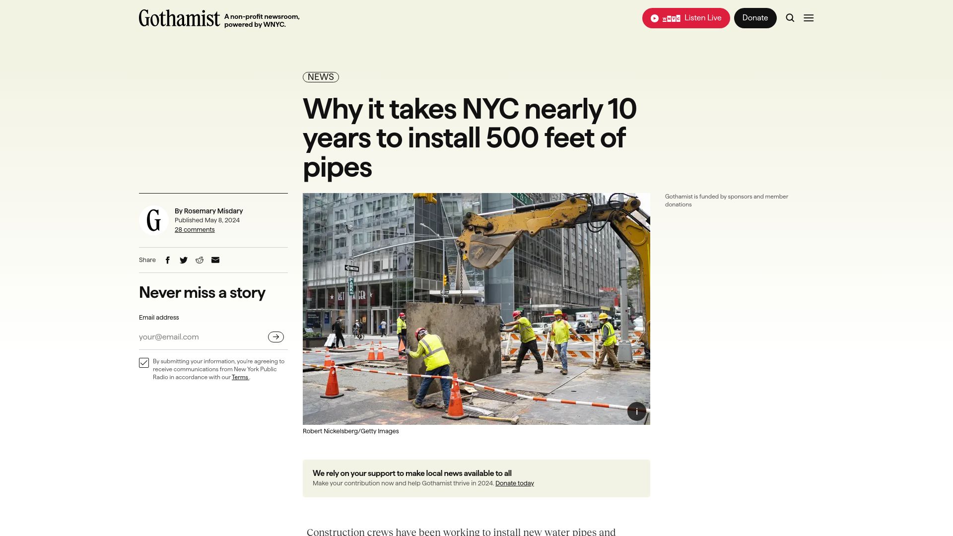 Screenshot of gothamist.com: Why it takes NYC nearly 10 years to install 500 feet of pipes – Gothamist