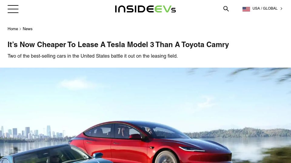 Screenshot of insideevs.com: It's Now Cheaper to Lease a Tesla Model 3 Than a Toyota Camry