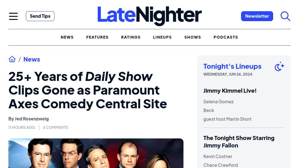 Screenshot of latenighter.com: 25 years of video clips gone as Paramount axes Comedy Central wesbite