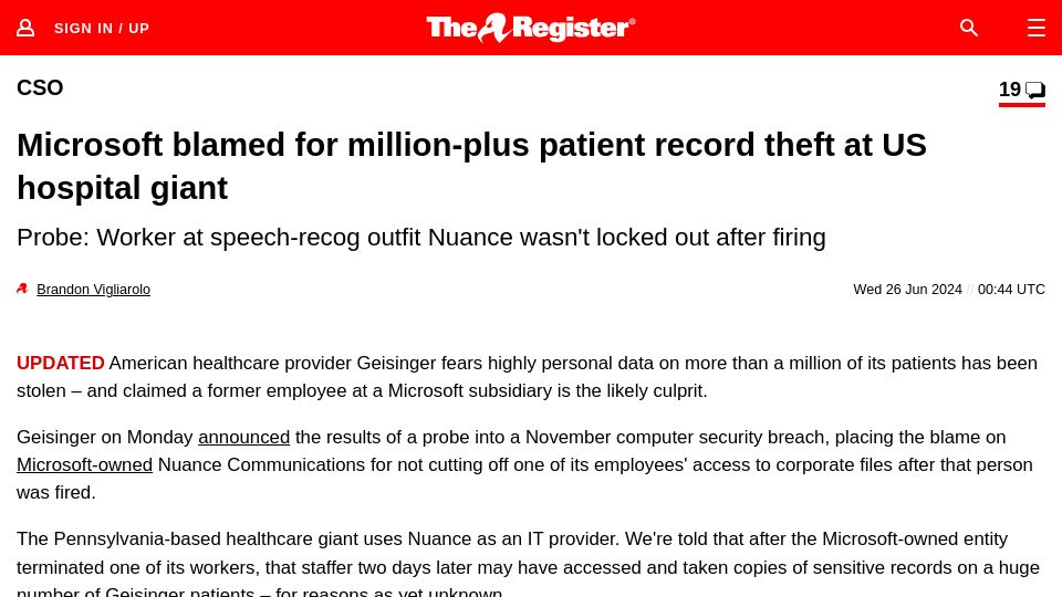 Screenshot of theregister.com: Microsoft blamed for million-plus patient record theft at US hospital giant