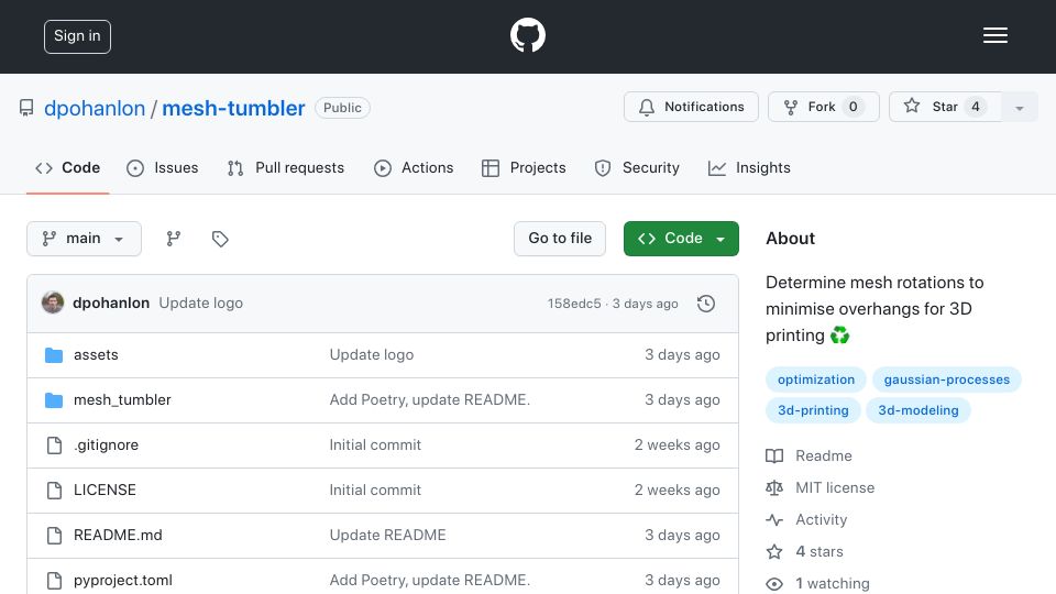 Screenshot of github.com: Determine mesh rotations to minimise overhangs for 3D printing
