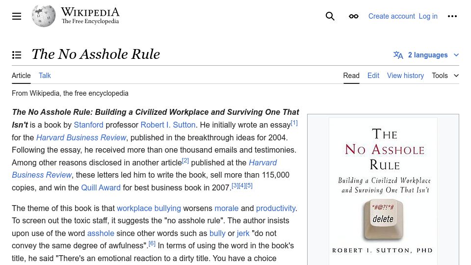 Screenshot of en.wikipedia.org: The No Asshole Rule