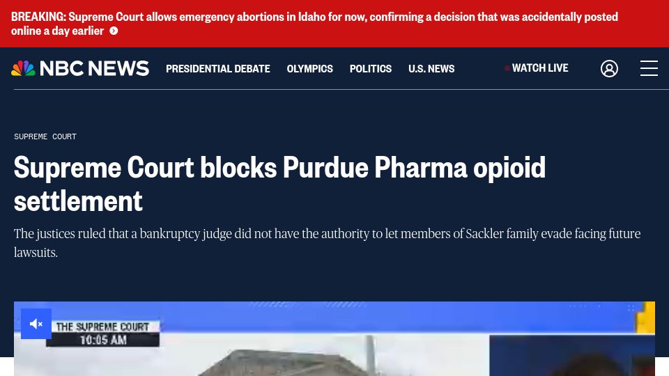 Screenshot of nbcnews.com: Supreme Court blocks Purdue Pharma opioid settlement