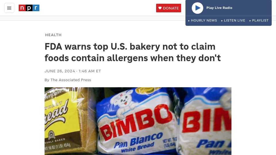 Screenshot of npr.org: FDA warns top U.S. bakery not to claim foods contain allergens when they don't