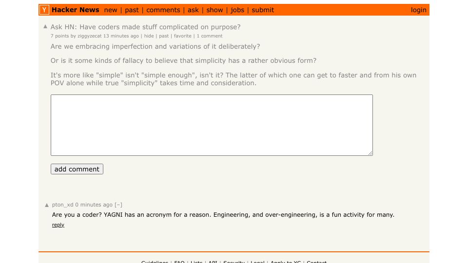 Screenshot of Hacker News post: Ask HN: Have coders made stuff complicated on purpose?