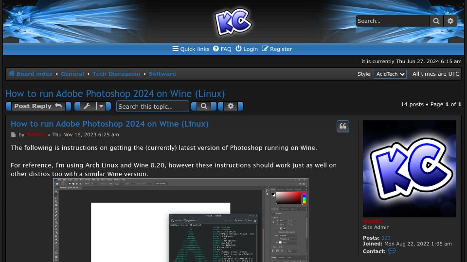 Screenshot of forum.mattkc.com: How to Run Adobe Photoshop 2024 on Wine (Linux)