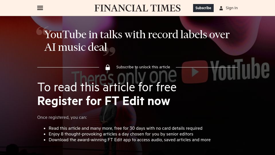 Screenshot of ft.com: YouTube in talks with record labels over AI music deal
