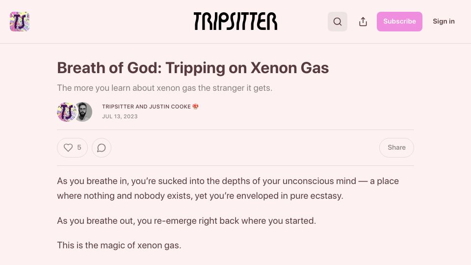 Screenshot of tripsitter.substack.com: Tripping on Xenon Gas (2023)