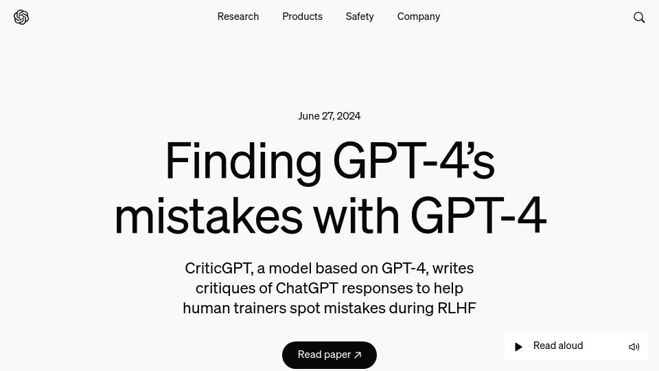 Screenshot of openai.com: CriticGPT: Finding GPT-4's mistakes with GPT-4