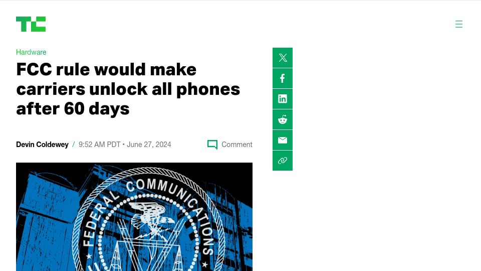 Screenshot of techcrunch.com: FCC rule would make carriers unlock all phones after 60 days