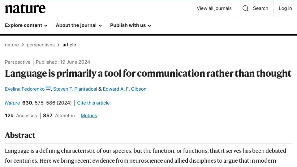 Screenshot of nature.com: Language is primarily a tool for communication rather than thought