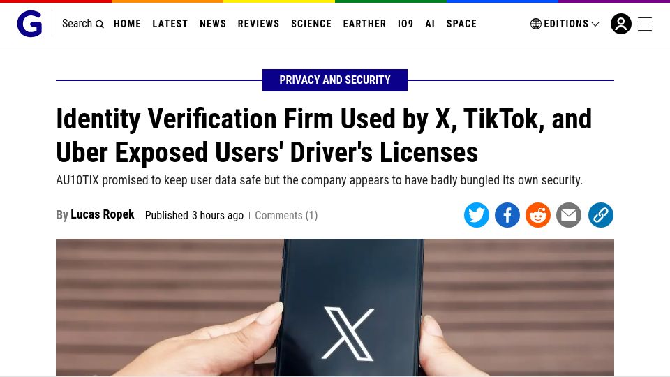 Screenshot of gizmodo.com: Identity Verification Used by X, TikTok, and Uber Exposed Driver's Licenses