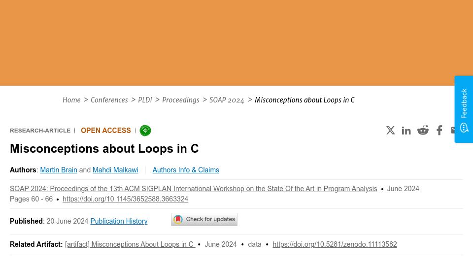 Screenshot of dl.acm.org: Misconceptions about loops in C