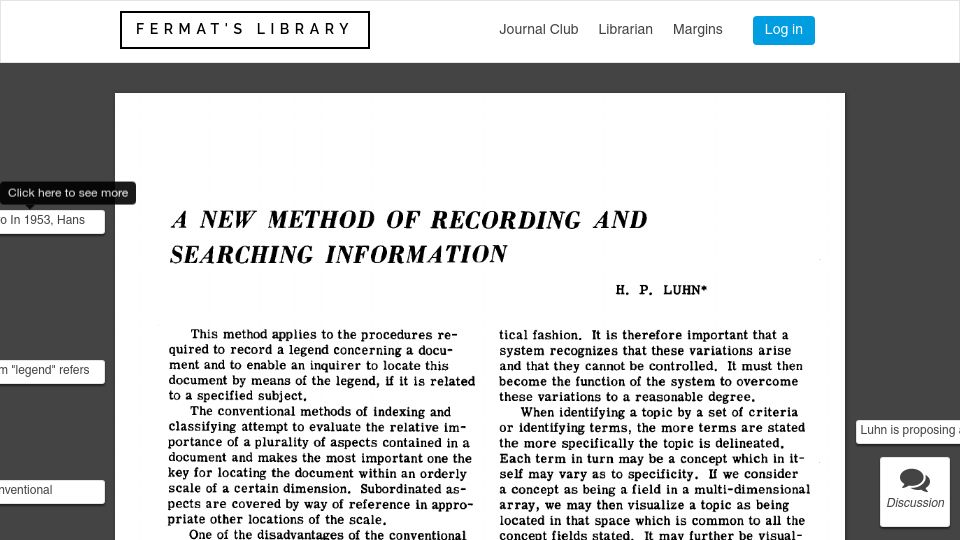 Screenshot of fermatslibrary.com: A new method of recording and searching information (1953)