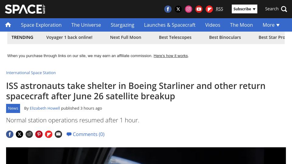 Screenshot of space.com: Astronauts take shelter in Starliner, other spacecraft after satellite breakup