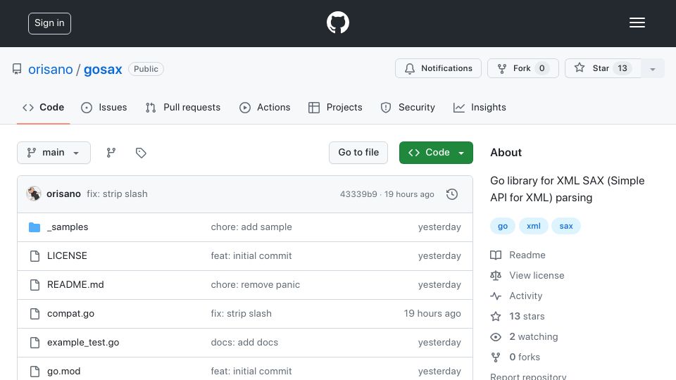 Screenshot of github.com: Show HN: Gosax – A high-performance SAX XML parser for Go