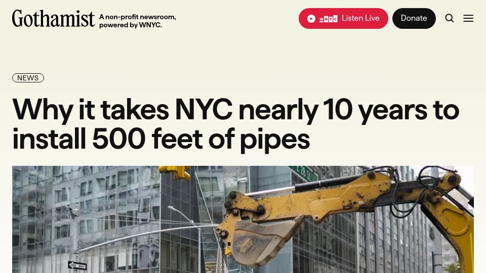 Screenshot of gothamist.com: Why it takes NYC nearly 10 years to install 500 feet of pipes – Gothamist