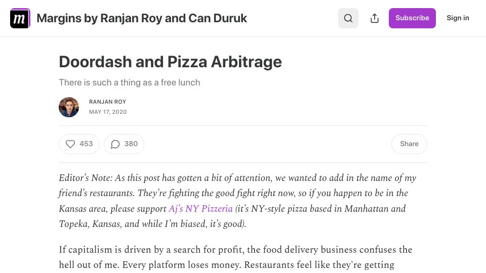 Screenshot of readmargins.com: DoorDash and Pizza Arbitrage (2020)