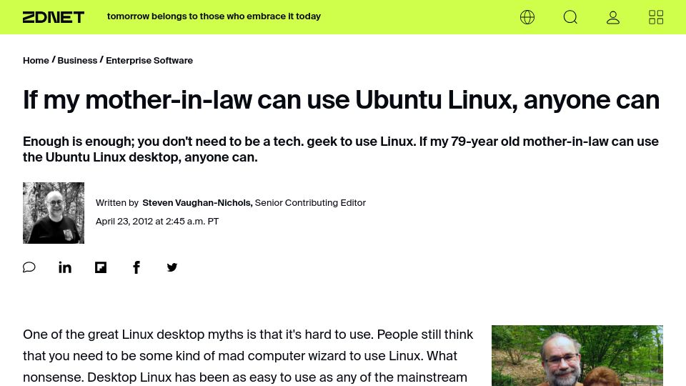 Screenshot of zdnet.com: If my mother-in-law can use Ubuntu Linux, anyone can (2012)