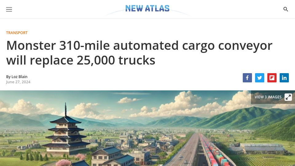 Screenshot of newatlas.com: 310-mile automated cargo conveyor will replace 25,000 trucks in Japan