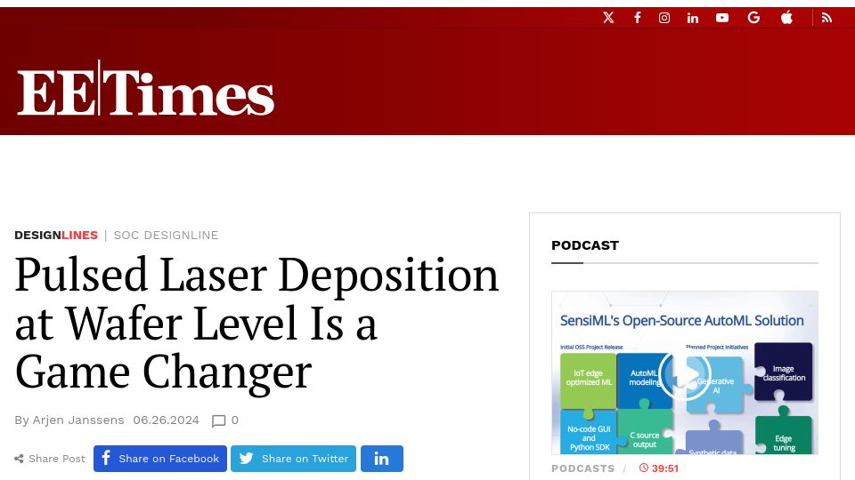 Screenshot of eetimes.com: Pulsed laser deposition at wafer level is a game changer