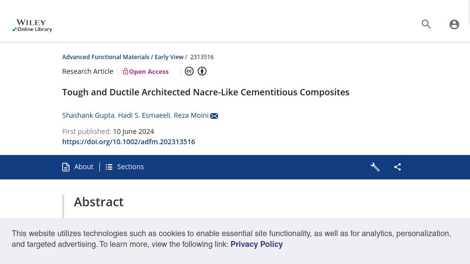 Screenshot of onlinelibrary.wiley.com: Tough and Ductile Architected Nacre-Like Cementitious Composites