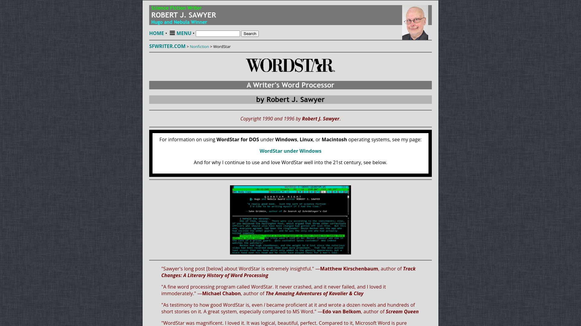 Screenshot of sfwriter.com: WordStar – A Writer's Word Processor (1990)