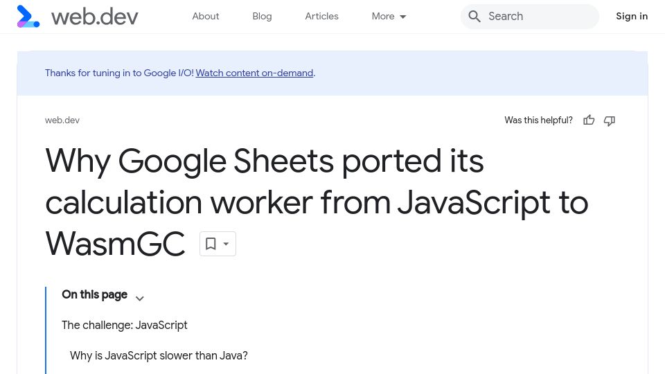 Screenshot of web.dev: Google Sheets ported its calculation worker from JavaScript to WasmGC