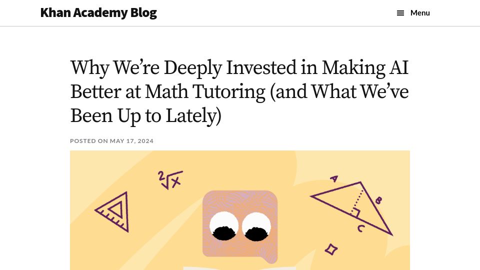 Screenshot of blog.khanacademy.org: Making AI better at math tutoring