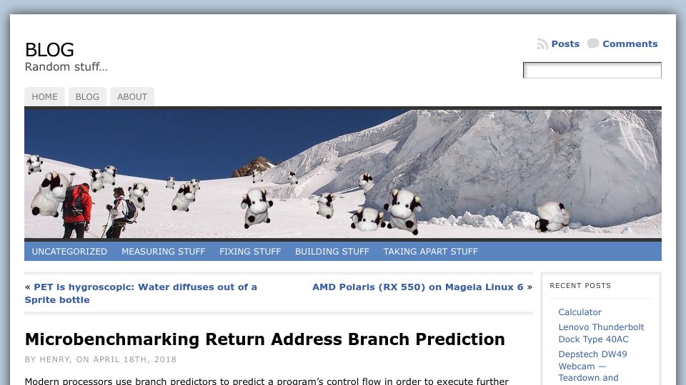 Screenshot of blog.stuffedcow.net: Microbenchmarking return address branch prediction (2018)
