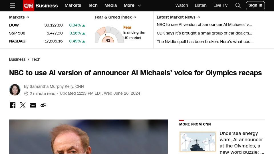 Screenshot of cnn.com: NBC to use AI version of announcer Al Michaels' voice for Olympics recaps