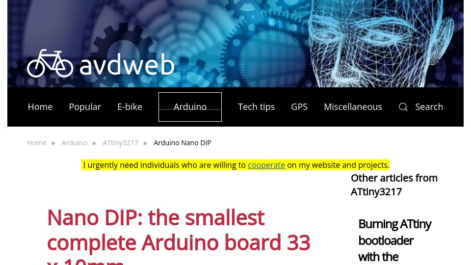 Screenshot of avdweb.nl: Nano DIP: the smallest complete Arduino board 33 x 10mm