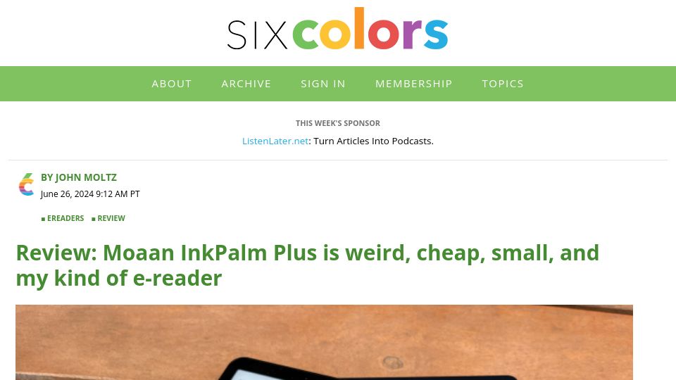 Screenshot of sixcolors.com: Moaan InkPalm Plus is weird, cheap, small, and my kind of e-reader