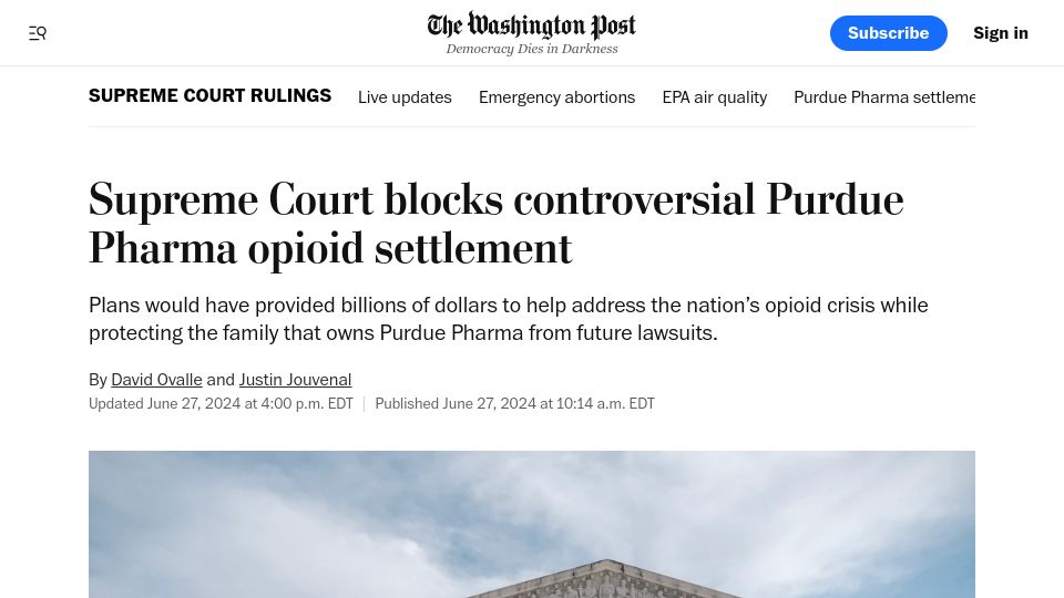 Screenshot of washingtonpost.com: Supreme Court blocks controversial Purdue Pharma opioid settlement