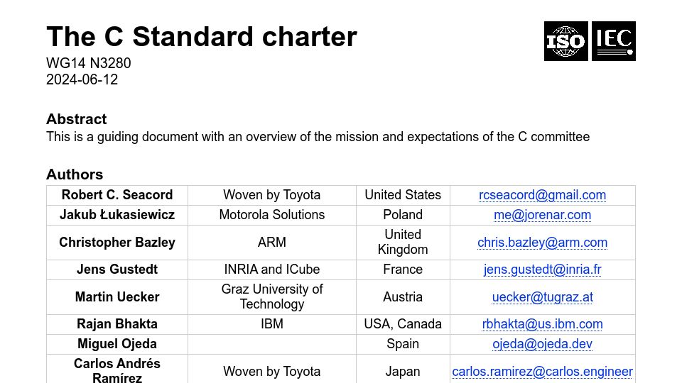 Screenshot of open-std.org: The C Standard charter was updated, now with security principles as well