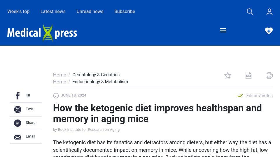 Screenshot of medicalxpress.com: The ketogenic diet improves healthspan and memory in aging mice