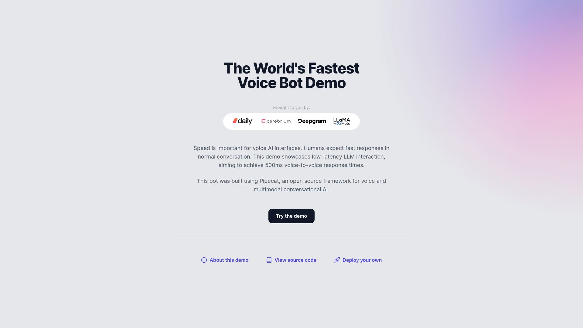 Screenshot of fastvoiceagent.cerebrium.ai: Show HN: Voice bots with 500ms response times