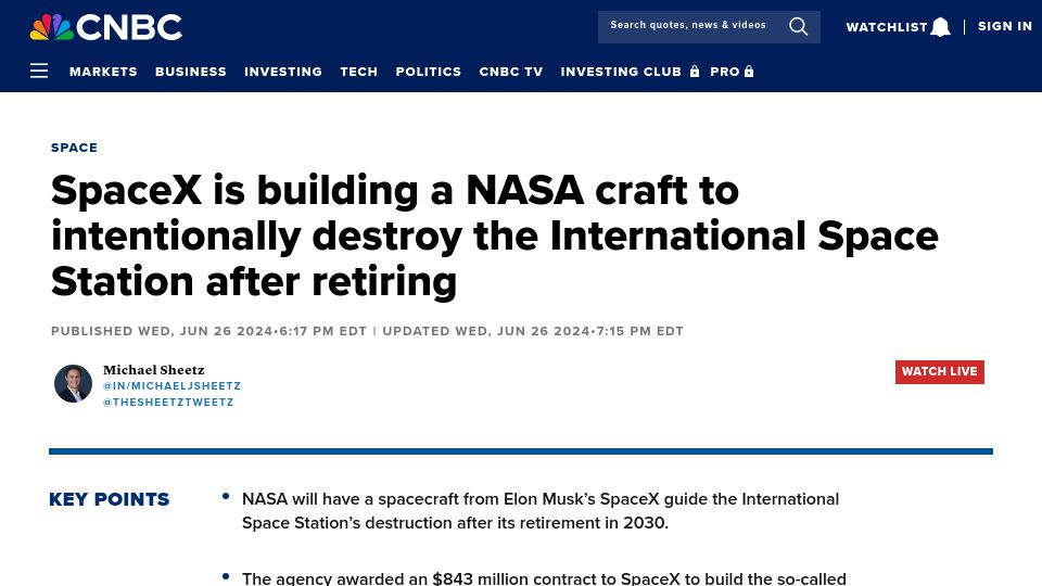 Screenshot of cnbc.com: SpaceX building NASA craft to destroy the International Space Station