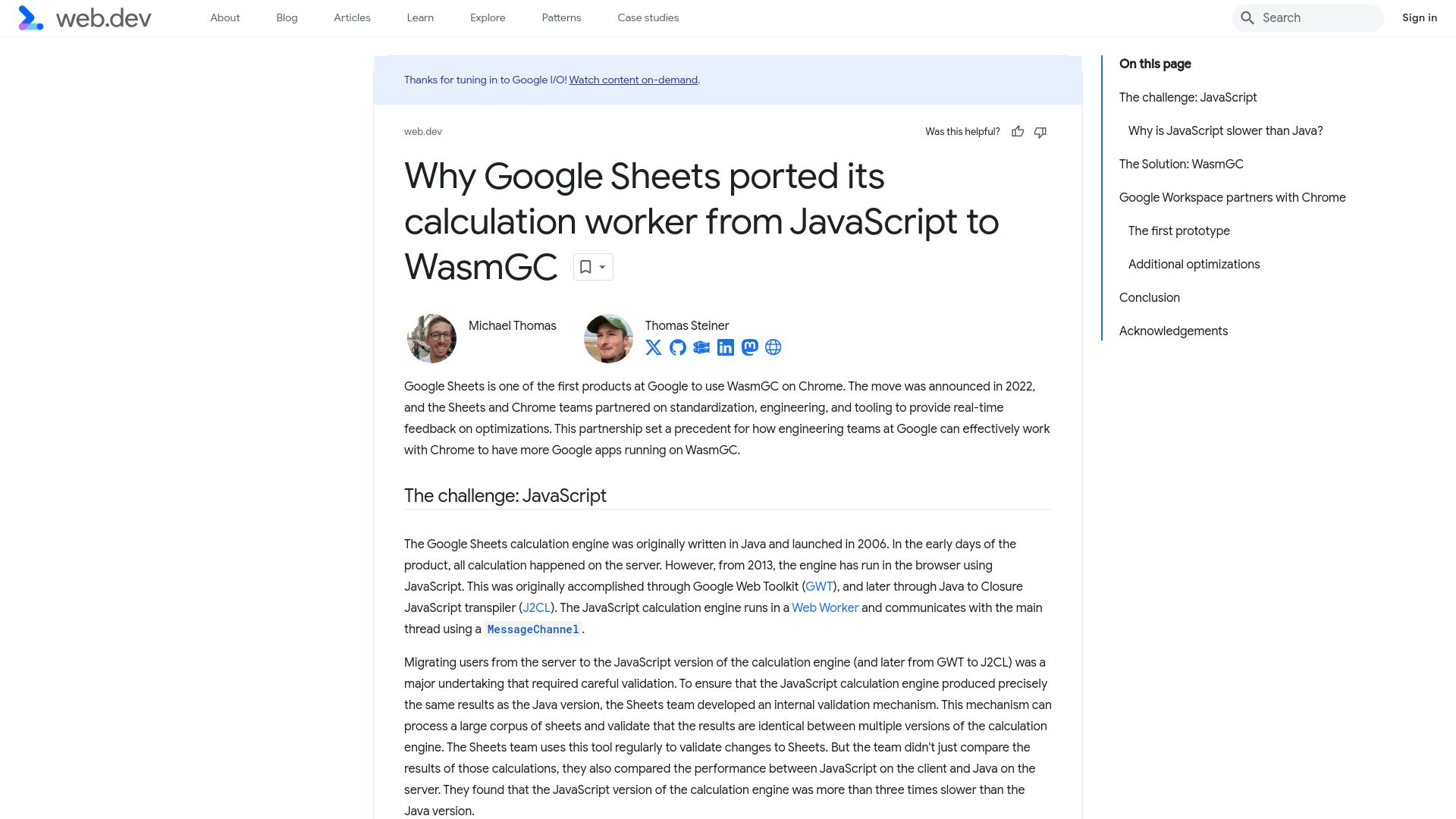 Screenshot of web.dev: Google Sheets ported its calculation worker from JavaScript to WasmGC